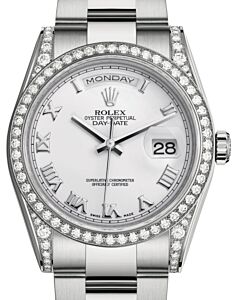 Rolex Day-Date 36 White Gold White Roman Dial & Diamond Set Case & Bezel Oyster Bracelet 118389 - BRAND NEW