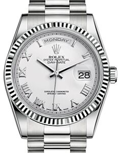 Rolex Day-Date 36 White Gold White Roman Dial & Fluted Bezel President Bracelet 118239 - BRAND NEW