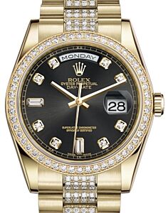 Rolex Day-Date 36 Yellow Gold Black Diamond Dial & Diamond Bezel Diamond Set President Bracelet 118348 - BRAND NEW