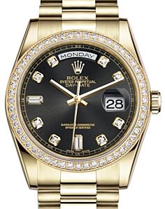 Rolex Day-Date 36 Yellow Gold Black Diamond Dial & Diamond Bezel President Bracelet 118348 - BRAND NEW