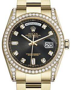 Rolex Day-Date 36 Yellow Gold Black Diamond Dial & Diamond Set Case & Bezel Oyster Bracelet 118388 - BRAND NEW