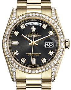 Rolex Day-Date 36 Yellow Gold Black Diamond Dial & Diamond Set Case & Bezel President Bracelet 118388 - BRAND NEW