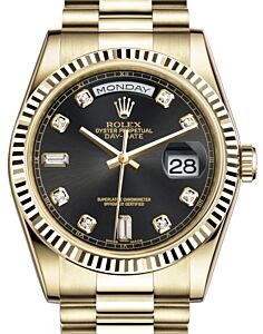 Rolex Day-Date 36 Yellow Gold Black Diamond Dial & Fluted Bezel President Bracelet 118238 