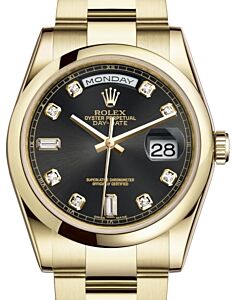 Rolex Day-Date 36 Yellow Gold Black Diamond Dial & Smooth Domed Bezel Oyster Bracelet 118208 - BRAND NEW