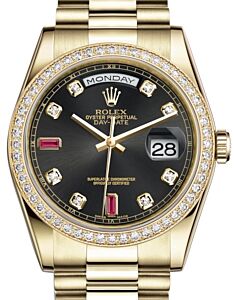 Rolex Day-Date 36 Yellow Gold Black Diamond & Rubies Dial & Diamond Bezel President Bracelet 118348 - BRAND NEW