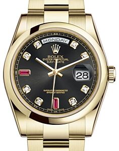 Rolex Day-Date 36 Yellow Gold Black Diamond & Rubies Dial & Smooth Domed Bezel Oyster Bracelet 118208 - BRAND NEW