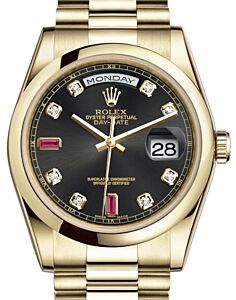 Rolex Day-Date 36 Yellow Gold Black Diamond & Rubies Dial & Smooth Domed Bezel President Bracelet 118208 - BRAND NEW