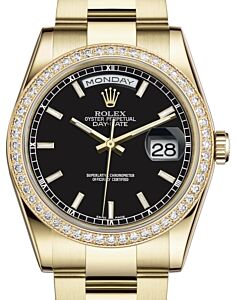 Rolex Day-Date 36 Yellow Gold Black Index Dial & Diamond Bezel Oyster Bracelet 118348 - BRAND NEW