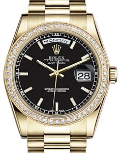 Rolex Day-Date 36 Yellow Gold Black Index Dial & Diamond Bezel President Bracelet 118348 - BRAND NEW