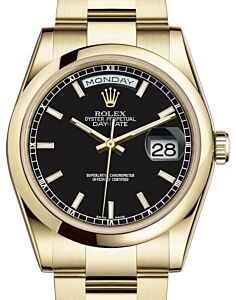 Rolex Day-Date 36 Yellow Gold Black Index Dial & Smooth Domed Bezel Oyster Bracelet 118208 - BRAND NEW