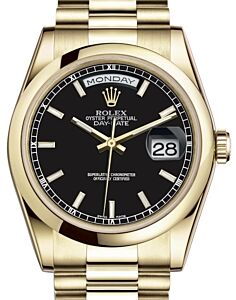 Rolex Day-Date 36 Yellow Gold Black Index Dial & Smooth Domed Bezel President Bracelet 118208 - BRAND NEW
