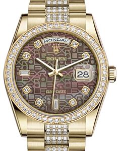 Rolex Day-Date 36 Yellow Gold Black Mother of Pearl Jubilee Diamond Dial & Diamond Bezel Diamond Set President Bracelet 118348 - BRAND NEW