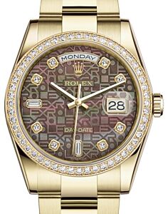 Rolex Day-Date 36 Yellow Gold Black Mother of Pearl Jubilee Diamond Dial & Diamond Bezel Oyster Bracelet 118348 - BRAND NEW