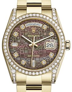 Rolex Day-Date 36 Yellow Gold Black Mother of Pearl Jubilee Diamond Dial & Diamond Set Case & Bezel Oyster Bracelet 118388 - BRAND NEW