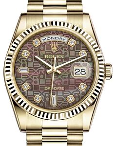Rolex Day-Date 36 Yellow Gold Black Mother of Pearl Jubilee Diamond Dial & Fluted Bezel President Bracelet 118238