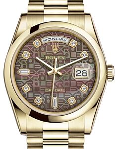 Rolex Day-Date 36 Yellow Gold Black Mother of Pearl Jubilee Diamond Dial & Smooth Domed Bezel President Bracelet 118208 - BRAND NEW