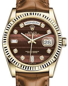 Rolex Day-Date 36 Yellow Gold Bull's Eye Diamond Dial & Fluted Bezel Cognac Leather Strap 118138 - BRAND NEW