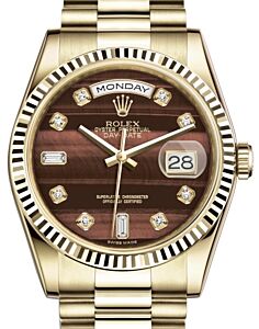 Rolex Day-Date 36 Yellow Gold Bull's Eye Diamond Dial & Fluted Bezel President Bracelet 118238