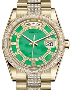 Rolex Day-Date 36 Yellow Gold Carousel of Green Jade Diamond Dial & Diamond Bezel Diamond Set President Bracelet 118348 - BRAND NEW
