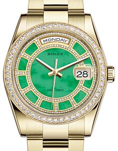 Rolex Day-Date 36 Yellow Gold Carousel of Green Jade Diamond Dial & Diamond Bezel Oyster Bracelet 118348 - BRAND NEW