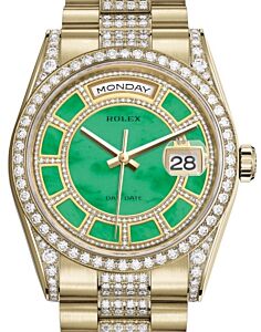 Rolex Day-Date 36 Yellow Gold Carousel of Green Jade Diamond Dial & Diamond Set Case & Bezel Diamond Set President Bracelet 118388 - BRAND NEW