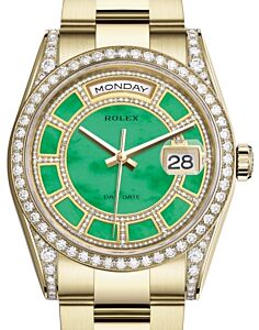 Rolex Day-Date 36 Yellow Gold Carousel of Green Jade Diamond Dial & Diamond Set Case & Bezel Oyster Bracelet 118388 - BRAND NEW