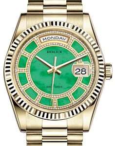 Rolex Day-Date 36 Yellow Gold Carousel of Green Jade Diamond Dial & Fluted Bezel President Bracelet 118238