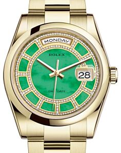 Rolex Day-Date 36 Yellow Gold Carousel of Green Jade Diamond Dial & Smooth Domed Bezel Oyster Bracelet 118208 - BRAND NEW