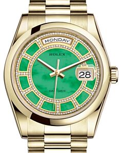 Rolex Day-Date 36 Yellow Gold Carousel of Green Jade Diamond Dial & Smooth Domed Bezel President Bracelet 118208 - BRAND NEW