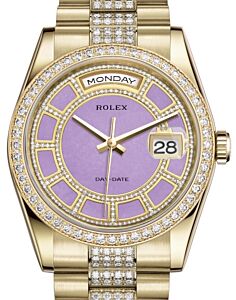 Rolex Day-Date 36 Yellow Gold Carousel of Lavender Jade Diamond Dial & Diamond Bezel Diamond Set President Bracelet 118348 - BRAND NEW