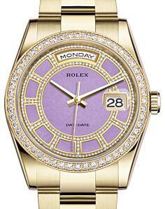 Rolex Day-Date 36 Yellow Gold Carousel of Lavender Jade Diamond Dial & Diamond Bezel Oyster Bracelet 118348 - BRAND NEW