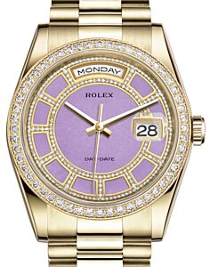 Rolex Day-Date 36 Yellow Gold Carousel of Lavender Jade Diamond Dial & Diamond Bezel President Bracelet 118348 - BRAND NEW