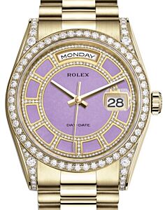 Rolex Day-Date 36 Yellow Gold Carousel of Lavender Jade Diamond Dial & Diamond Set Case & Bezel President Bracelet 118388 - BRAND NEW