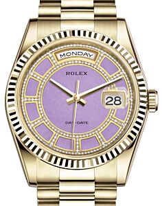 Rolex Day-Date 36 Yellow Gold Carousel of Lavender Jade Diamond Dial & Fluted Bezel President Bracelet 118238