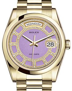 Rolex Day-Date 36 Yellow Gold Carousel of Lavender Jade Diamond Dial & Smooth Domed Bezel President Bracelet 118208 - BRAND NEW