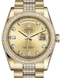 Rolex Day-Date 36 Yellow Gold Champagne Diamond Dial & Diamond Bezel Diamond Set President Bracelet 118348 - BRAND NEW