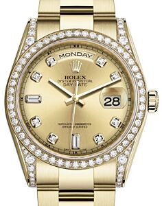 Rolex Day-Date 36 Yellow Gold Champagne Diamond Dial & Diamond Set Case & Bezel Oyster Bracelet 118388 - BRAND NEW