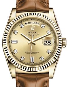 Rolex Day-Date 36 Yellow Gold Champagne Diamond Dial & Fluted Bezel Cognac Leather Strap 118138 - BRAND NEW