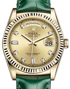 Rolex Day-Date 36 Yellow Gold Champagne Diamond Dial & Fluted Bezel Green Leather Strap 118138 - BRAND NEW