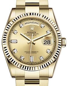 Rolex Day-Date 36 Yellow Gold Champagne Diamond Dial & Fluted Bezel Oyster Bracelet 118238