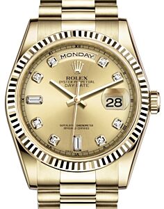 Rolex Day-Date 36 Yellow Gold Champagne Diamond Dial & Fluted Bezel President Bracelet 118238 - PRE-OWNED