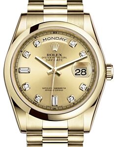 Rolex Day-Date 36 Yellow Gold Champagne Diamond Dial & Smooth Domed Bezel President Bracelet 118208 - BRAND NEW