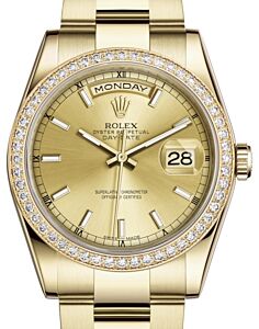 Rolex Day-Date 36 Yellow Gold Champagne Index Dial & Diamond Bezel Oyster Bracelet 118348 - BRAND NEW