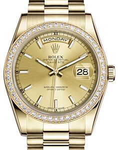 Rolex Day-Date 36 Yellow Gold Champagne Index Dial & Diamond Bezel President Bracelet 118348 - BRAND NEW
