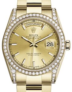 Rolex Day-Date 36 Yellow Gold Champagne Index Dial & Diamond Set Case & Bezel Oyster Bracelet 118388 - BRAND NEW