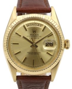 Rolex Day-Date 36 Yellow Gold Champagne Index Dial & Fluted Bezel Leather Strap 1807 - PRE-OWNED
