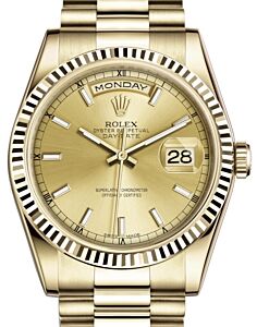 Rolex Day-Date 36 Yellow Gold Champagne Index Dial & Fluted Bezel President Bracelet 118238