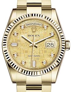 Rolex Day-Date 36 Yellow Gold Champagne Mother of Pearl Jubilee Diamond Dial & Fluted Bezel Oyster Bracelet 118238