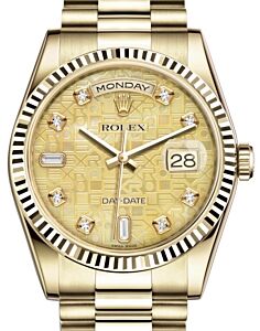 Rolex Day-Date 36 Yellow Gold Champagne Mother of Pearl Jubilee Diamond Dial & Fluted Bezel President Bracelet 118238