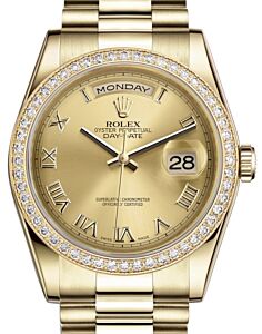 Rolex Day-Date 36 Yellow Gold Champagne Roman Dial & Diamond Bezel President Bracelet 118348 - BRAND NEW